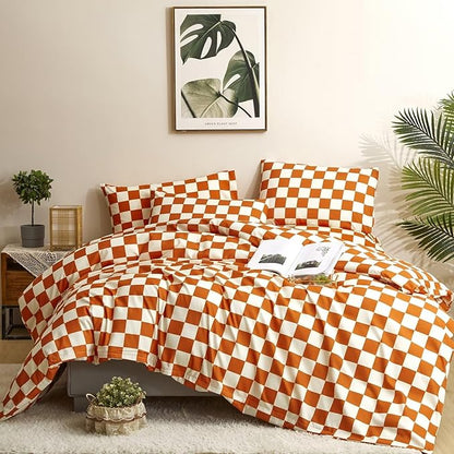 Houseri Burnt Orange Plaid Comforter Set White and Bedding Sets Twin Rust Grid Buffalo Checkered Kids Terracotta Gingham Size, Twin(68''*90''-Comforter)