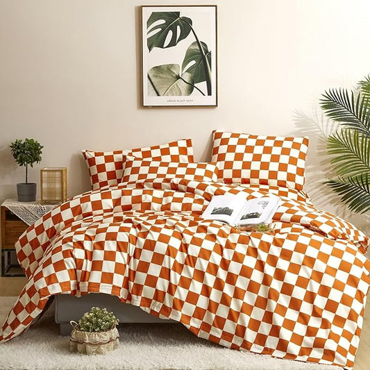 Houseri Burnt Orange Plaid Comforter Set White and Bedding Sets Twin Rust Grid Buffalo Checkered Kids Terracotta Gingham Size, Twin(68''*90''-Comforter)