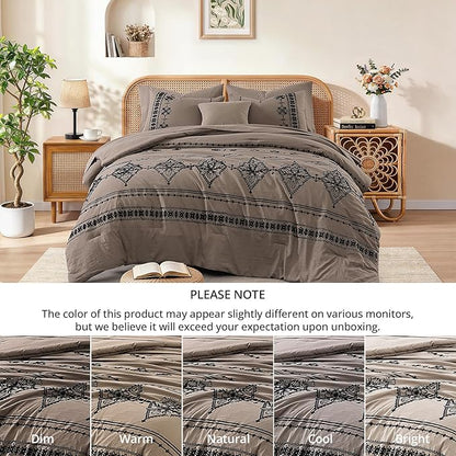 MaiRêve Full Size Comforter Set Taupe Grey, Embroidery Floral Western Boho Bedding Set, All Season 7 Pieces Bed in a Bag with Sheets, Pillowcases & Shams