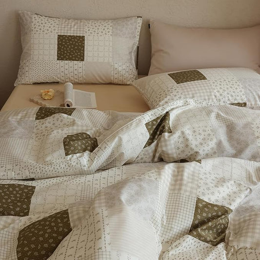 Patchwork King Size Comforter Sets Brown Gingham Floral Bedding Set Cotton Down Alternative Plaid Teen Girl Bedding Comforter Sets Boho Fluffy Cute Light Weight Bed Comforter with 2 Pillowcases