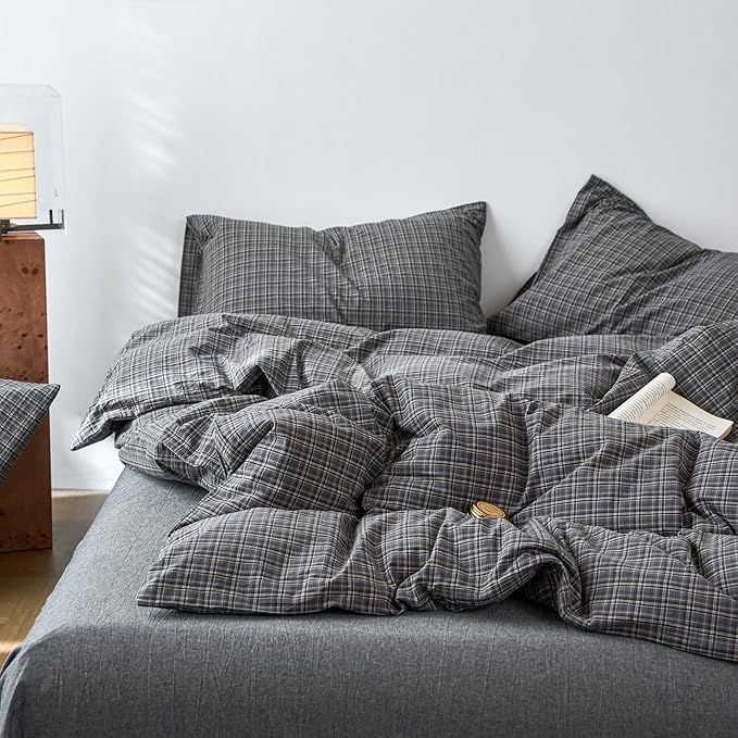 EAVD Vintage Style Grey Plaid Gingham Duvet Cover Queen 100% Washed Cotton Like Linen Feel Soft Grid Plaid Bedding Set with 2 Pillowcases Farmhouse Grid Geometric Pattern Duvet Cover with Zipper