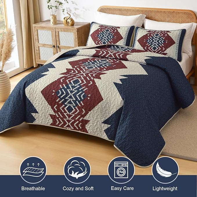 Dintszyayue Blue and Red Quilt Set King Size Boho,3 Piece Aztec Texture Bedspread Coverlet Set Soft Lightweight Bedding Set Geometric Bohemian Bedspread with 2 Pillowcases(Blue Red,90"x103")