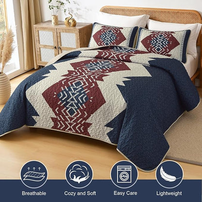 Dintszyayue Queen Quilt Set 3 Piece Boho Aztec Texture Bedspread Coverlet Set Blue and Red Quilt Reversible Lightweight Bedding Set Geometric Bohemian Bed Cover with 2 Pillowcases(Blue Red,90"x96")