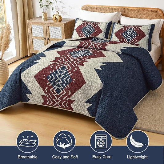 Dintszyayue Queen Quilt Set 3 Piece Boho Aztec Texture Bedspread Coverlet Set Blue and Red Quilt Reversible Lightweight Bedding Set Geometric Bohemian Bed Cover with 2 Pillowcases(Blue Red,90"x96")