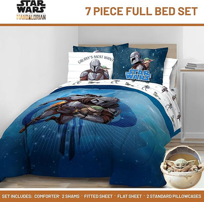 Jay Franco Kids Comforter Set Includes Sheets and Pillow Covers - Soft and Cozy Bed Set for Stylish Room Decor, Official Licensed Bedding, Blue - The Mandalorian, 7 Piece Full