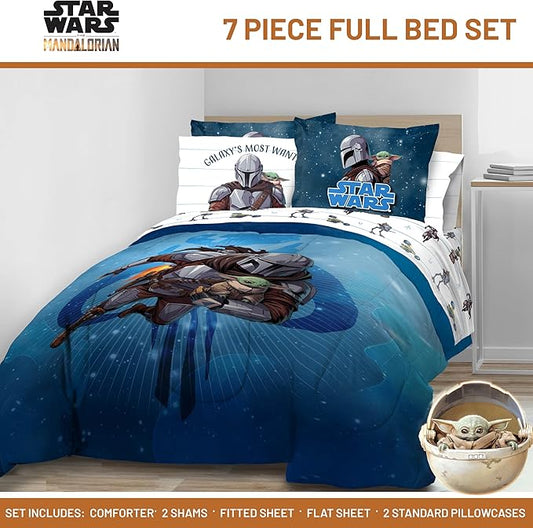 Jay Franco Kids Comforter Set Includes Sheets and Pillow Covers - Soft and Cozy Bed Set for Stylish Room Decor, Official Licensed Bedding, Blue - The Mandalorian, 7 Piece Full