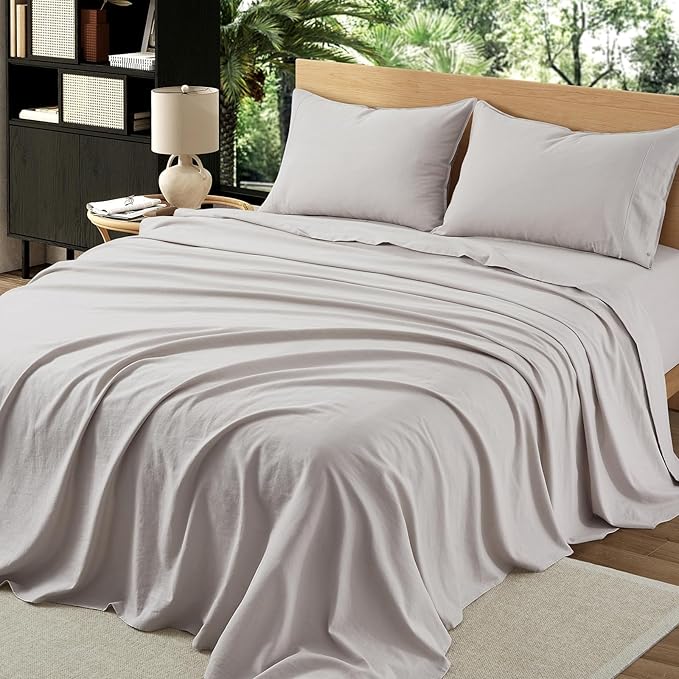 3Pcs Organic Linen Sheets Twin Size, 100% French Linen from Normandy, Breathable Natural Linen Twin Sheet Set with 16 Inch Deep Pocket, 1 Flat Sheet, 1 Fitted Sheet, 1 Pillowcases