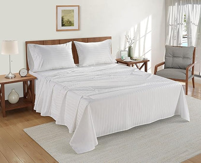 LANE LINEN Striped Sheets Set - 100% Egyptian Cotton 4 Piece Bed for King Size Hotel Bedding & Pillowcases 16" Deep Pocket (Fits Upto 17" Mattress) White