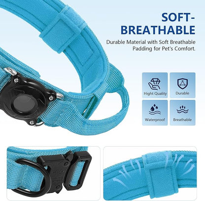 Tactical Dog Collar, Adjustable Military Training Nylon Dog Collar with Control Handle and Heavy Metal Buckle for Medium and Large Dogs, with Smart ID tag and Airtags Case (Blue,M)