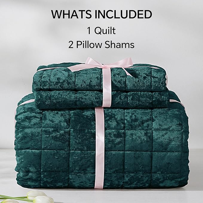 BEDELITE Velvet Quilt Set Queen Size - Luxury Velvet Comforter Bedding Set 3 Pieces, Lightweight Soft Cozy Shiny Emerald Green Oversized Bedspread Coverlet for All Seasons with 2 Pillow Shams