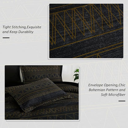 WONGS BEDDING King Size Comforter Set 7 Pieces, Boho Black Gold Geometric Striped Comforter for King Bed in a Bag, Soft Microfiber Bedding Set with Pillowcases, Flat Sheet, Fitted Sheet, Pillow Shams