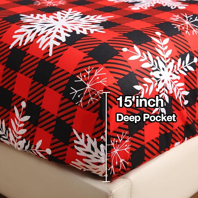 JSD Red Buffalo Plaid Snowflakes Sheet Set Full Size, 4 Piece Christmas Winter Microfiber Bedding Sheets Extra Deep Pocket
