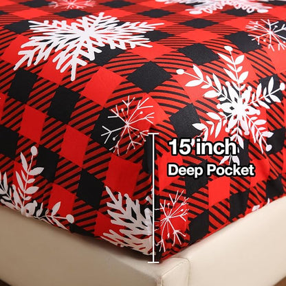 JSD Red Buffalo Plaid Snowflakes Christmas Sheet Set Cal King, 4 Piece Holiday Winter Microfiber Bedding Sheets Extra Deep Pocket