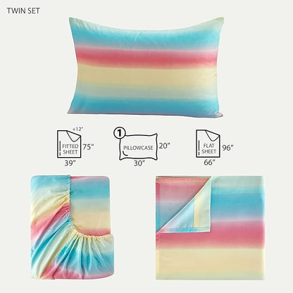 Heritage Kids 3-Piece Twin Sheet Set,Rainbow Ombre Print,Includes Fitted Sheet, Flat Sheet & Pillowcase, Soft Microfiber Bedding for Kids,Multicolor