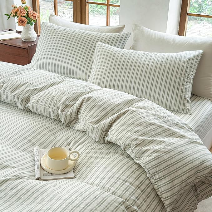 Striped Duvet Cover Set 100% Washed Cotton Linen Like Soft Feelling Breathable Bedding(White/Sage Green Strip,Queen)