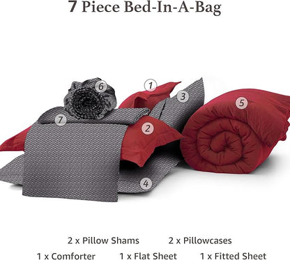 Monbix King Size Comforter Set - 7 Pieces Bright Red Prewashed Bed in a Bag King Bedding Sets with Comforters, All Seasons Ultra Soft Comforter Bed Set with Sheets, Pillowcases & Shams