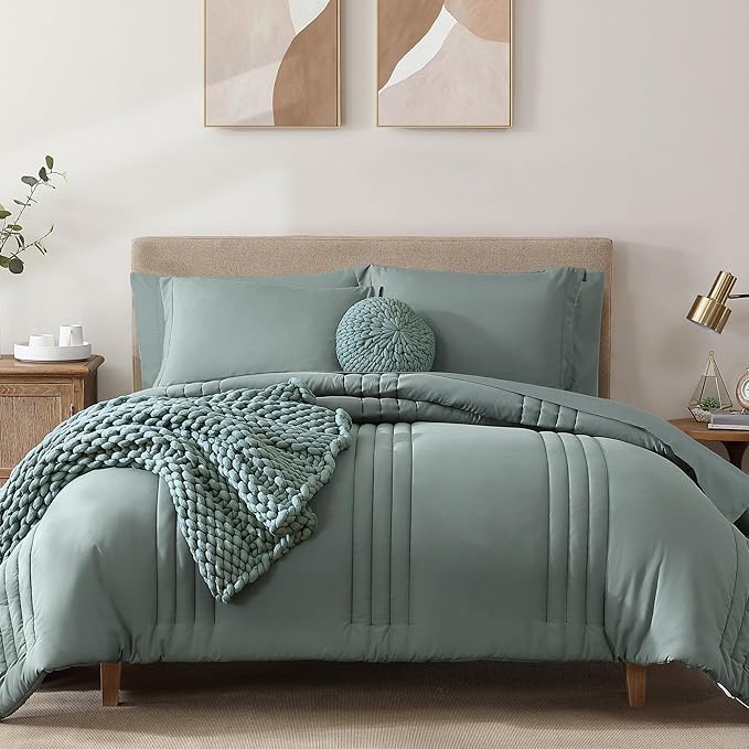Monbix Full Size Comforter Sets - 7 Pieces Sage Green Bed in a Bag Full Size Bedding Sets with Comforter, Sheets, Pillowcases & Shams