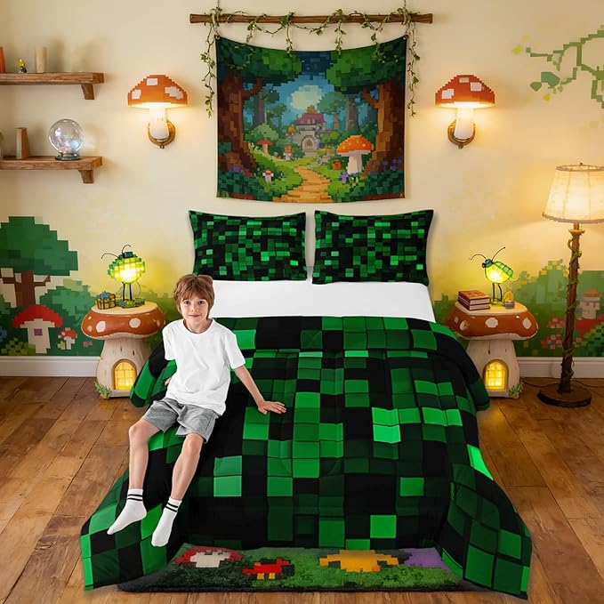 Pixelated Miners GameComforter Set King Size,Geometric Check Video Games Kids Bedding Set,Gamepad Camo Grid Quilt Comforter,Black Green Duvet Insert,2 Pillowcases