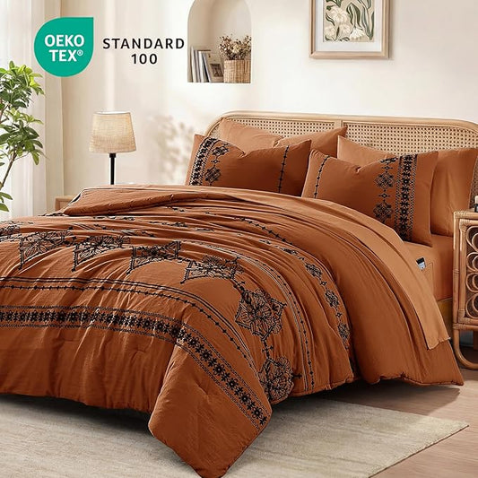 MaiRêve Queen Size Comforter Set Burnt Orange, Embroidery Floral Western Boho Bedding Set, All Season 7 Pieces Bed in a Bag with Sheets, Pillowcases & Shams