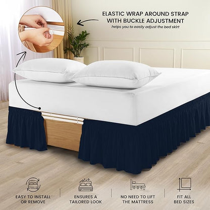 Utopia Bedding King Elastic Bed Ruffle - Easy Wrap Around Ruffle - Microfiber Bed Skirt with Adjustable Buckle & Elastic Belt, 16 Inch Tailored Drop - Hotel Quality Bedskirt, Fade Resistant (Navy)