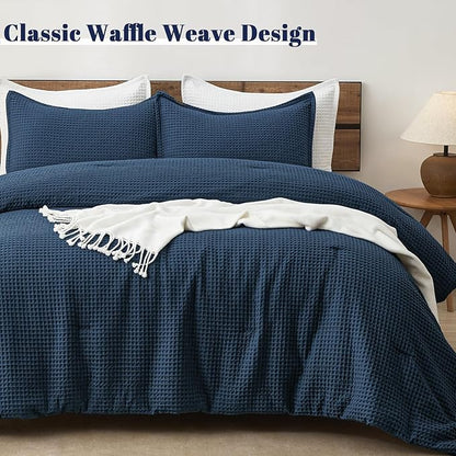 PHF Ultra Soft Waffle Weave Comforter Set Twin Size, 2 Pieces Lightweight Breathable Comfy Bedding Set, Comfy Textured 1 Comforter with 1 Pillow Shams, Navy Blue