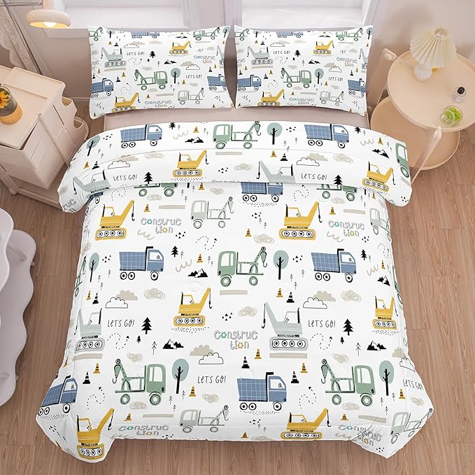NINENINE Kids Construction Comforter Set Twin for Boys, 2-Piece Kids Bedding Reversible Lightweight Microfiber Excavator Comforter Set for Boys with 1 Pillowcase