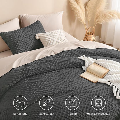 Andency Dark Grey Oversized King Comforter 128''x120'', 3 Pieces Dark Gray Soft Boho Bedding Set & Collections, Farmhouse Tufted Fluffy Shabby Chic Bed Set for All Seasons (1 Comforter, 2 Pillowcases)