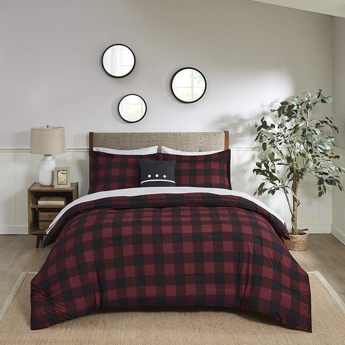 Madison Park Essentials Cozy Bed in A Bag - Reversible Comforter with Complete Sheet Set, Casual Plaid Cabin Design, All Season Cover, Decorative Pillow, Everest Plaid Red Twin(68"x86") 6 Piece