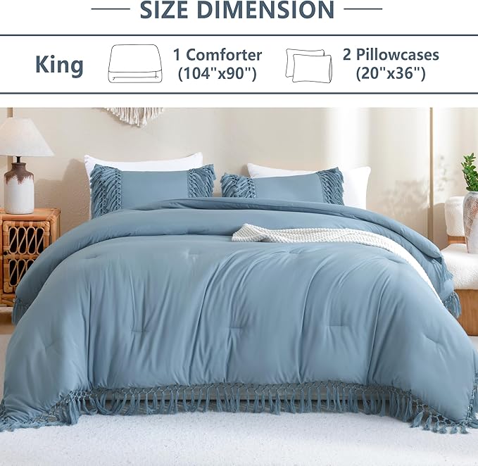 Andency Grayish Blue Comforter Set King, 3 Pieces Boho Tassel Lightweight Soft Bedding Comforter Sets for King Bed, All Season Fluffy Fringe Bed Set (104x90In Comforter & 2 Pillowcases)