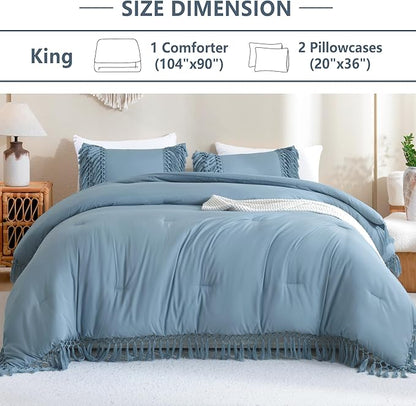 Andency Grayish Blue Comforter Set King, 3 Pieces Boho Tassel Lightweight Soft Bedding Comforter Sets for King Bed, All Season Fluffy Fringe Bed Set (104x90In Comforter & 2 Pillowcases)
