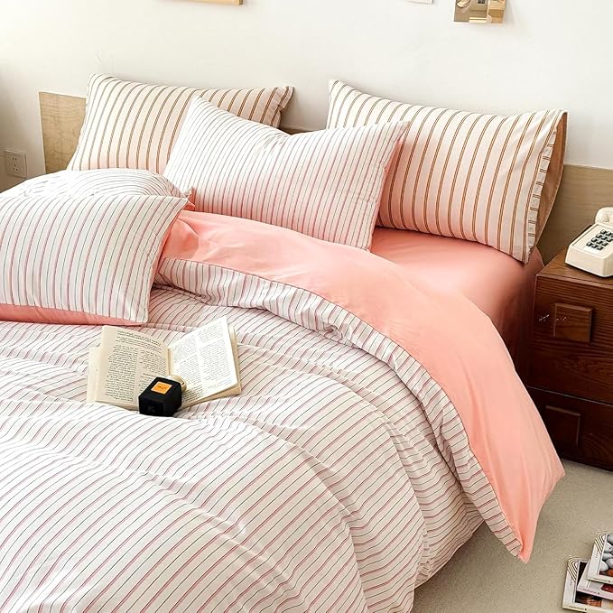 EAVD Pink White Striped Duvet Cover Queen Soft 100% Cotton Pink Vertical Ticking Stripes Bedding Set with 2 Pillowcases Modern Geometric Pattern Duvt Cover with Zipper Closure