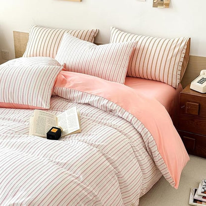 EAVD Pink White Striped Duvet Cover Queen Soft 100% Cotton Pink Vertical Ticking Stripes Bedding Set with 2 Pillowcases Modern Geometric Pattern Duvt Cover with Zipper Closure