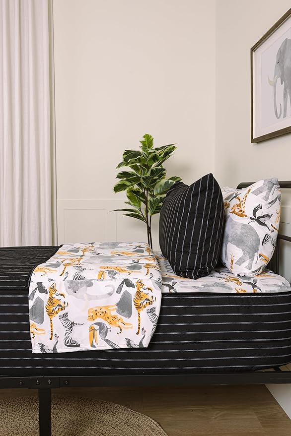 Beddy's Jungle Animal Themed Durable Zipper Bedding for Kids, Bed in a Bag, Black Striped Comforter & Animal Print Sheets, Includes Pillowcase and Pillow Sham, Easy to Make & Wash - Toddler