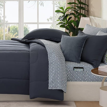 Monbix Full Size Comforter Set - 7 Pieces Bed in a Bag Full, Blue Grey Track Stitching Bedding Sets with Comforter, All Seasons Comforter Bed Set with Sheets, Pillowcases & Shams