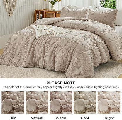 Andency Khaki Tufted Comforter Set Full(79x90Inch), 3 Pieces(1 Tufts Comforter, 2 Pillowcases) Boho Textured Farmhouse Bed, Microfiber Down Alternative Geometric Tan Bedding Set