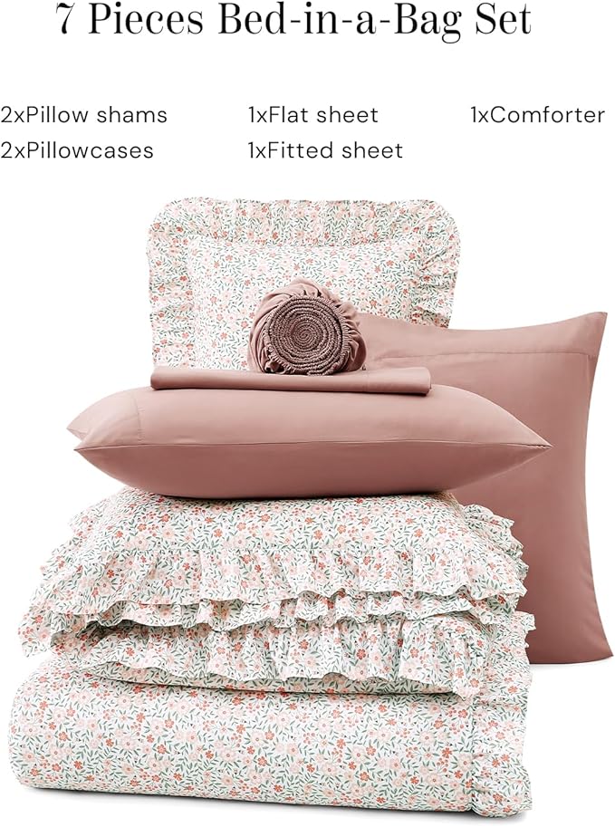 Full Comforter Set - 7 Pieces Ruffle Pink Ditzy Bedding Sets, Shabby Chic Farmhouse Bed in a Bag Full with Floral Comforter, Sheets, Pillowcases & Shams