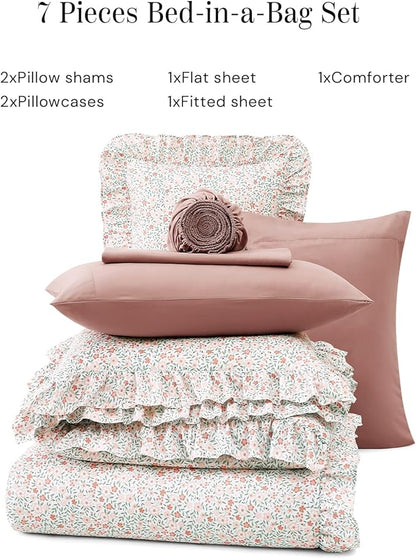 Queen Comforter Set - 7 Pieces Ruffle Pink Ditzy Bedding Sets, Shabby Chic Farmhouse Bed in a Bag Queen with Floral Comforter, Sheets, Pillowcases & Shams