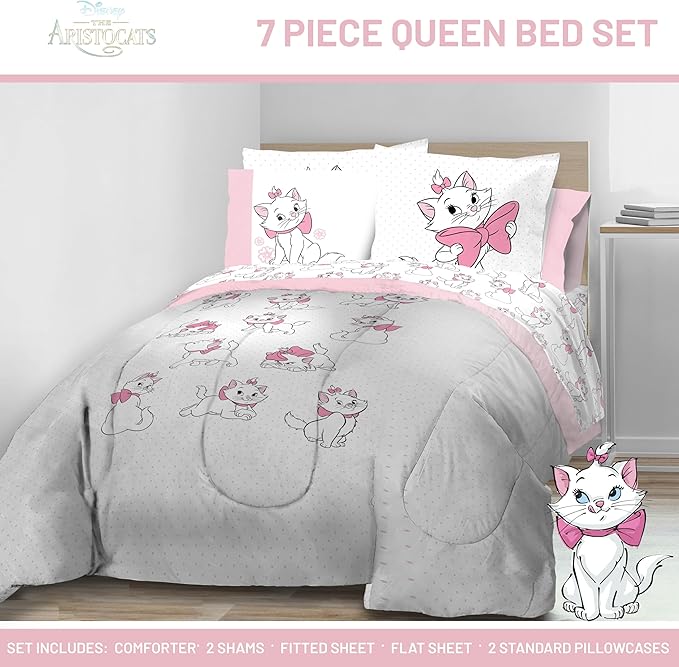 Jay Franco Kids Comforter Set Includes Sheets and Pillow Covers - Soft and Cozy Bed Set for Stylish Room Decor, White - Aristocats, 7 Piece Queen Size Bedding