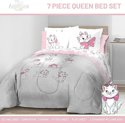 Jay Franco Kids Comforter Set Includes Sheets and Pillow Covers - Soft and Cozy Bed Set for Stylish Room Decor, White - Aristocats, 7 Piece Queen Size Bedding