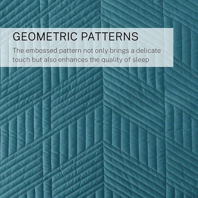 Exclusivo Mezcla Ultrasonic Twin Quilt Bedding Set, Lightweight Teal Bedspreads Soft Modern Geometric Coverlet Set for All Seasons (1 Quilt and 1 Pillow Sham)