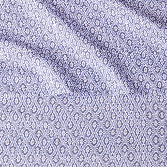 Amazon Basics Breathable Lightweight Super Soft Brushed Microfiber 4-Piece Bed Sheet Set, Wrinkle Resistant With 14" Deep Pockets, Queen, Blue Damask, Printed