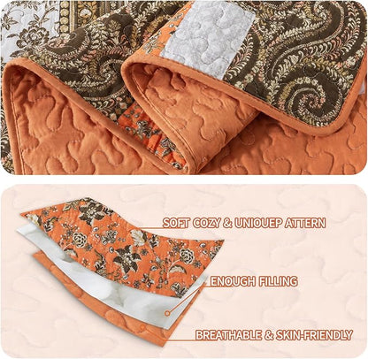 BEDIFANY Cotton California King Size Quilt for Farmhouse- Fall Patchwork Bedspread Set - Highly-Woven Soft Reversible Oversized King Size Coverlet for All Seasons (Floral Orange) 3 Pieces