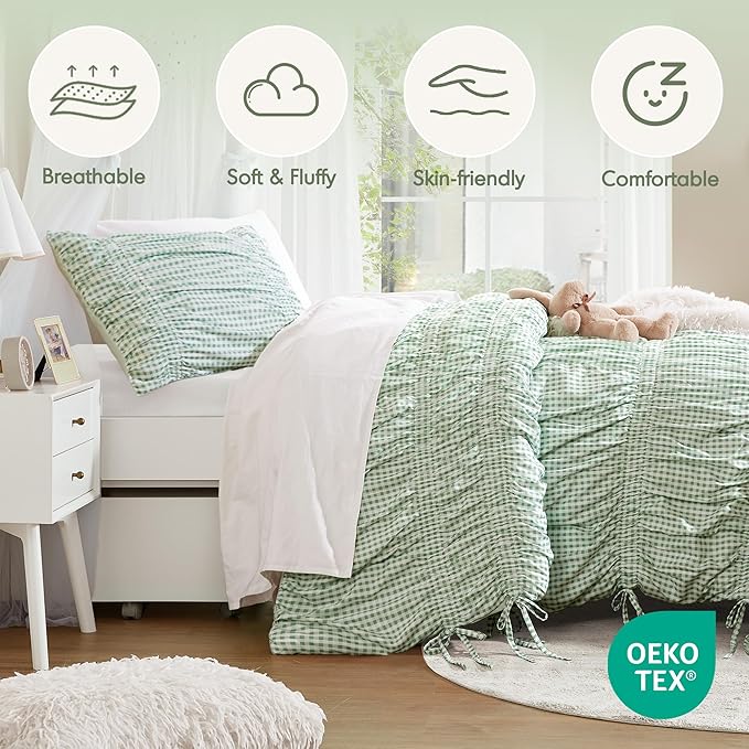 Intelligent Design Ella Twin Comforter Set – Ruched Gingham Shabby Chic Bedding, Bow-Tie Detail, All Season Lightweight 3 Piece Bedding Set, Sham, Twin/Twin XL, Green