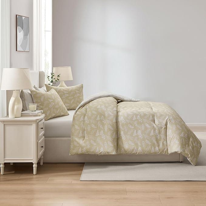 Nestl Queen Comforter Set - Oatmeal Bed in a Bag Queen Size, 3 Pieces Reversible Bed Set, Soft Floral Bedding Set, All Season Botanical Comforters with Pillow Shams