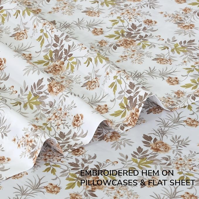 Feather & Stitch 500 TC Split King Size Sheet Set, 5 Piece Bed Sheets Set-2 Twin Fitted Sheet, 1 King Flat Sheet & 2 King Pillowcases, 18" Deep Pockets Sateen Weave Striped Bedsheet - Rose Floral