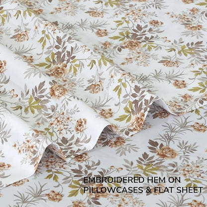 Feather & Stitch Printed 500 TC Full Size 4pc Damask Bed Sheet Set, 100% Soft Cotton Breathable Bedsheets, 18" Deep Pockets Sateen Weave Striped Bedding Mattress Resort Hotel Luxury - Rose Floral