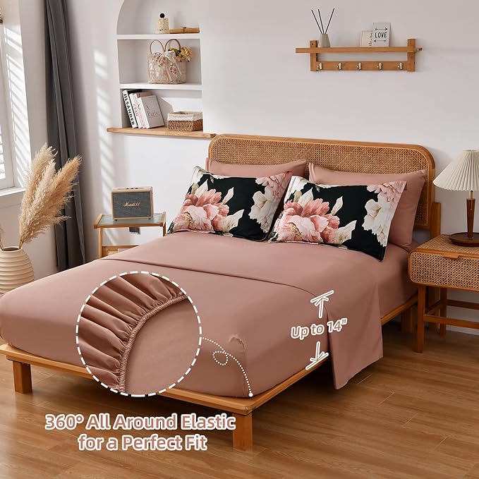 Dobuyly Full Size Comforter Set 7 Piece Bed in a Bag, Pink Floral Printed on Black Comforter Set with Sheets, Soft Microfiber Botanical Flower Bedding Set for All Season