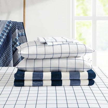 Nautica - Queen Sheet Set, Cotton Percale Bedding Set, Crisp & Cool, Stylish Bedding Set (Plot Blue, Queen)