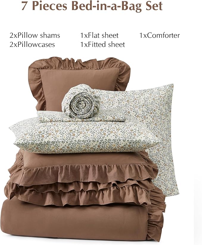 Full Comforter Set - 7 Pieces Ruffle Amber Brown Bedding Sets, Shabby Chic Farmhouse Bed in a Bag with Ruffle Comforter, Floral Sheets, Pillowcases & Shams