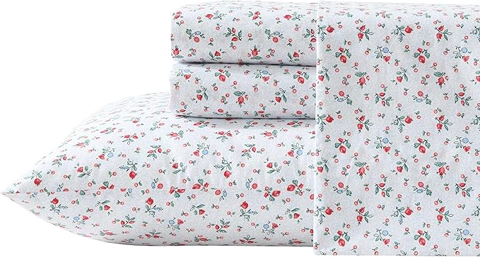 Laura Ashley - Full Sheet Set, Super Soft Cotton Percale Bedding Set with Matching Shams, Oeko-Tex Certified (Aylesmore Ditsy Red, Full)
